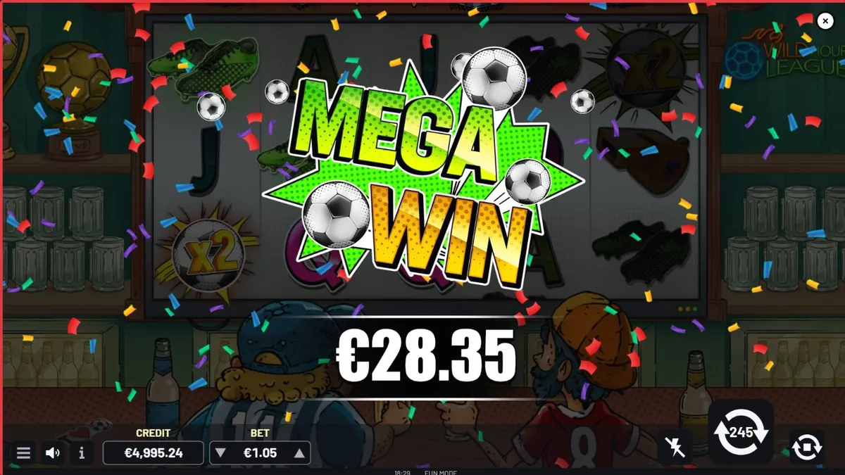 Tampilan visual slot Wild Hour League dengan tema bar olahraga dan elemen sepak bola.